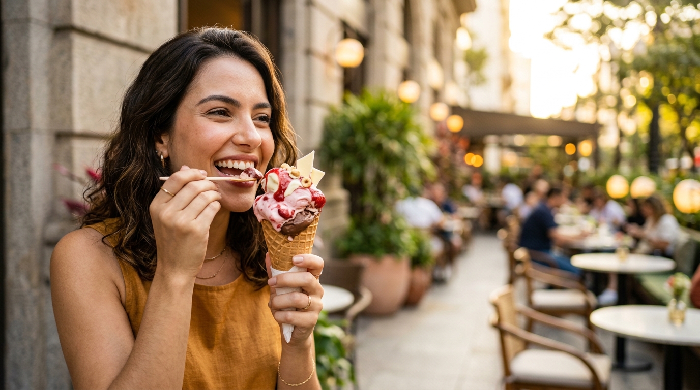 Mulher saboreando gelato artesanal cremoso Bariloche